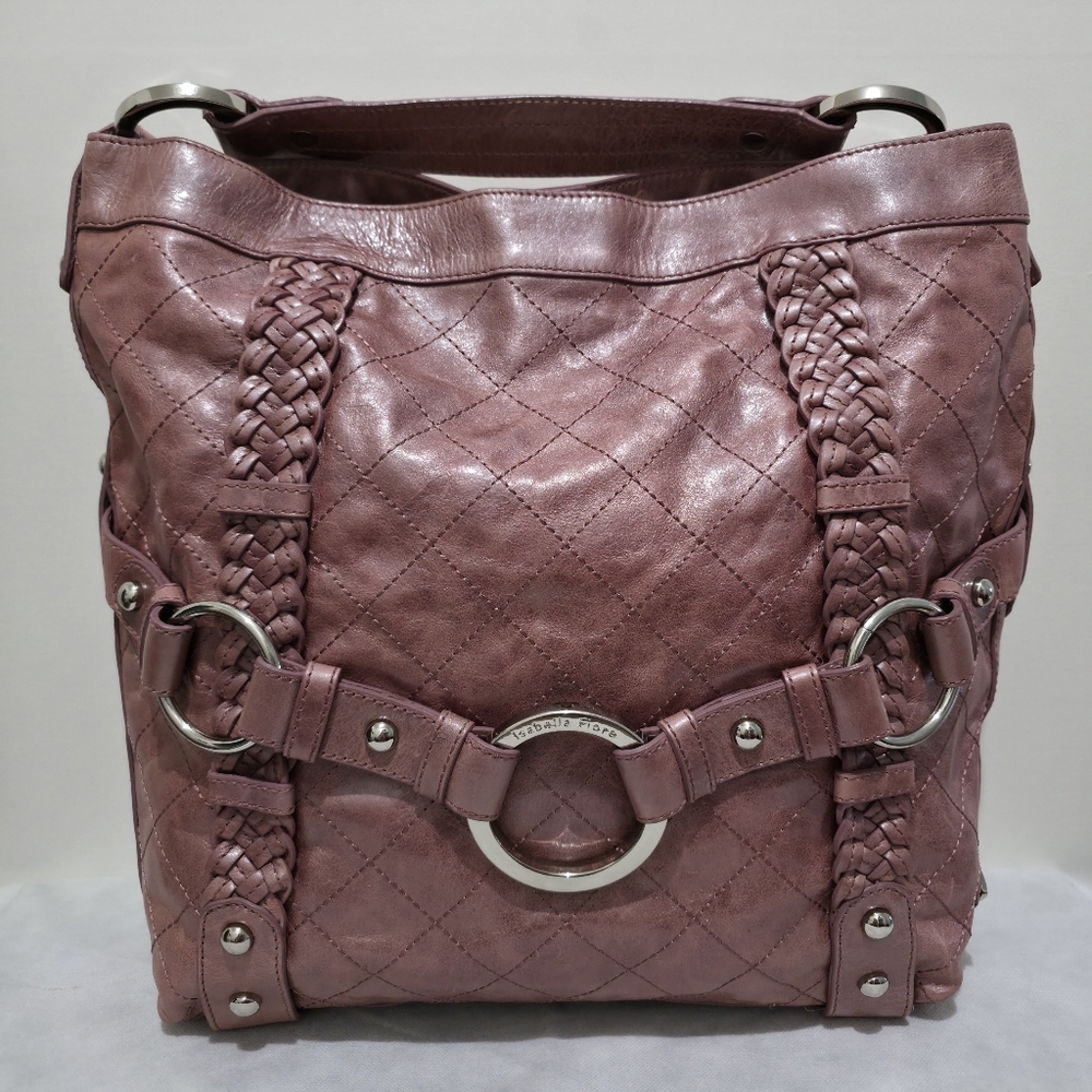 Isabella Fiore Quilted Leather Shoulder Hobo Mauve Pink Braided Straps Silver HW